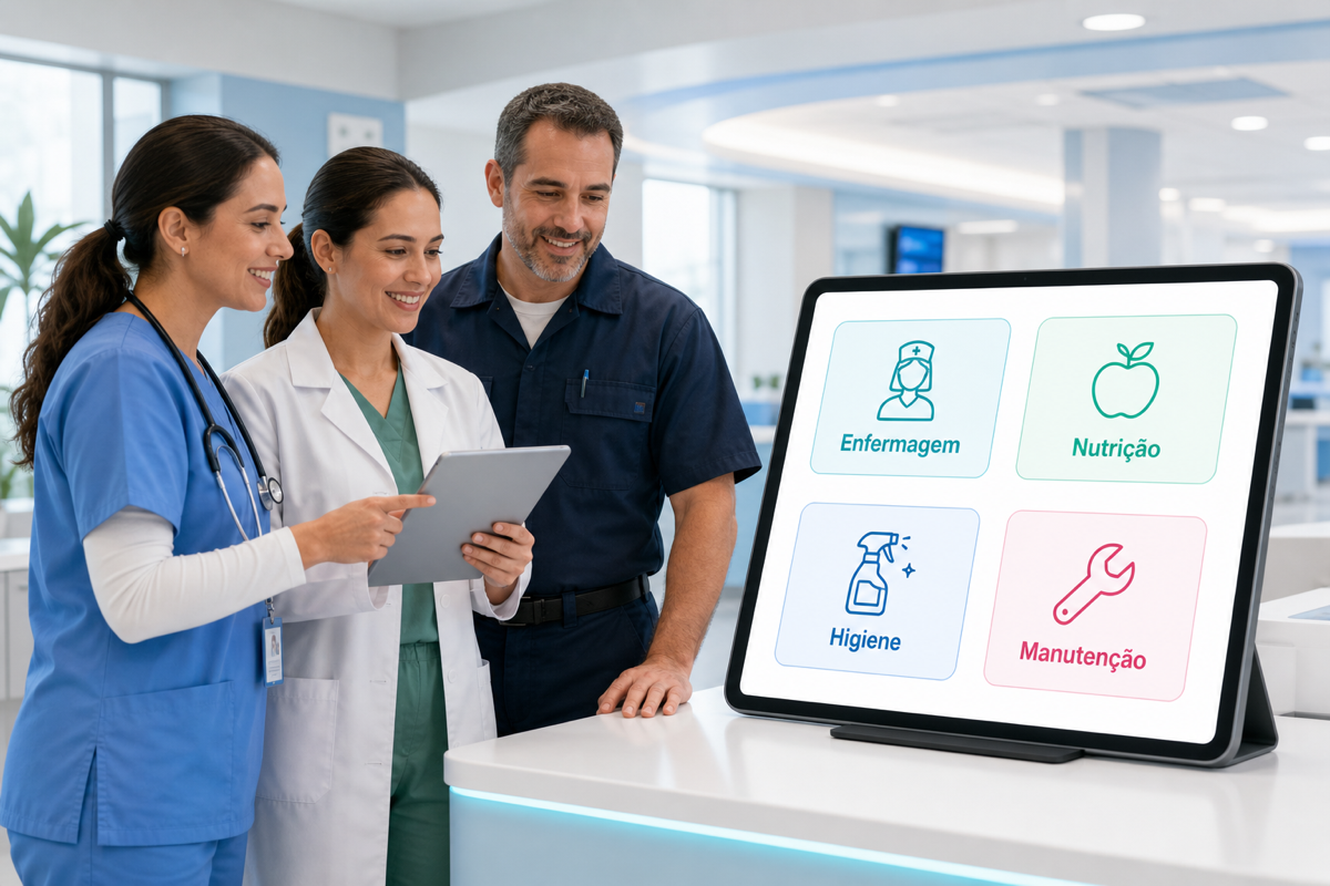 Equipe hospitalar visualizando os setores atendidos pelo CoreHub