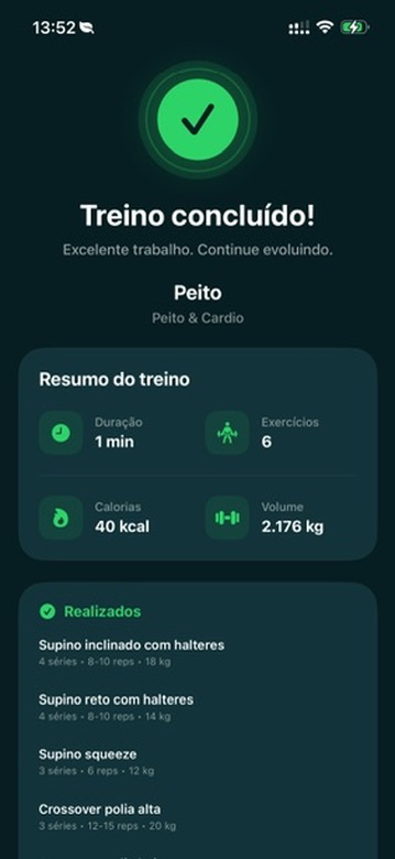 Resumo de treino concluído no CoreON Gym