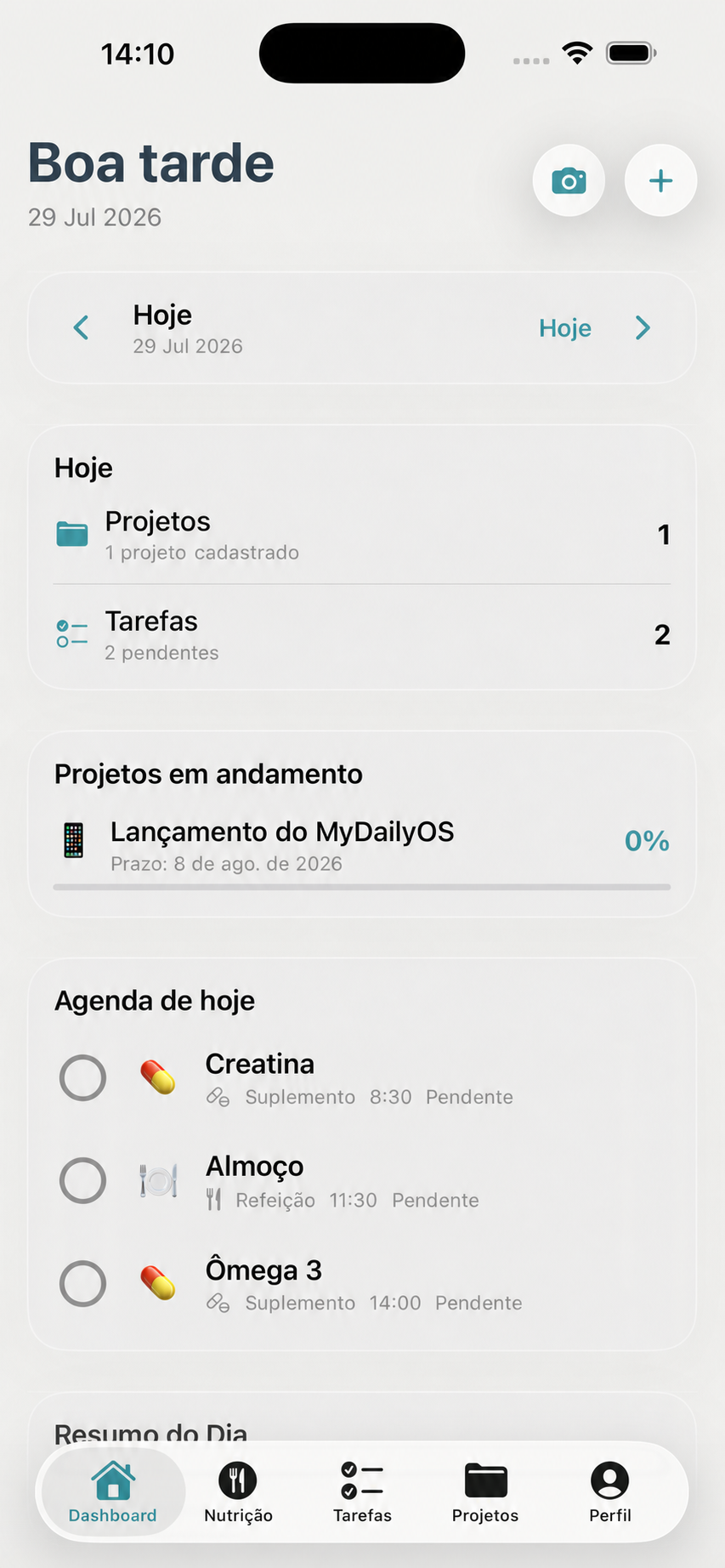 Dashboard diário do MyDailyOS
